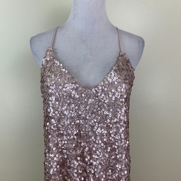 NSR Light Pink w Pink/Silver'ish Sequins Strappy Back Loose Fit High Low Dress - Picture 6 of 9